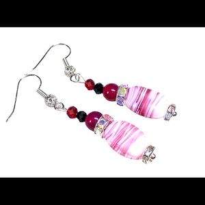 Glass and pink agate earrings in silver accents, burgundy hues
